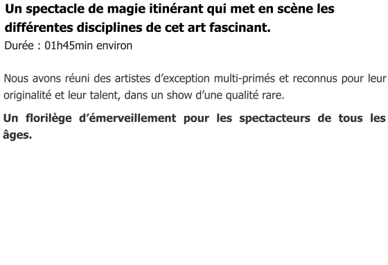 Un spectacle de magie itinérant qui met en scène les  différentes disciplines de cet art fascinant. Durée : 01h45min environ  Nous avons réuni des artistes d’exception multi-primés et reconnus pour leur originalité et leur talent, dans un show d’une qualité rare.  Un florilège d’émerveillement pour les spectacteurs de tous les âges.